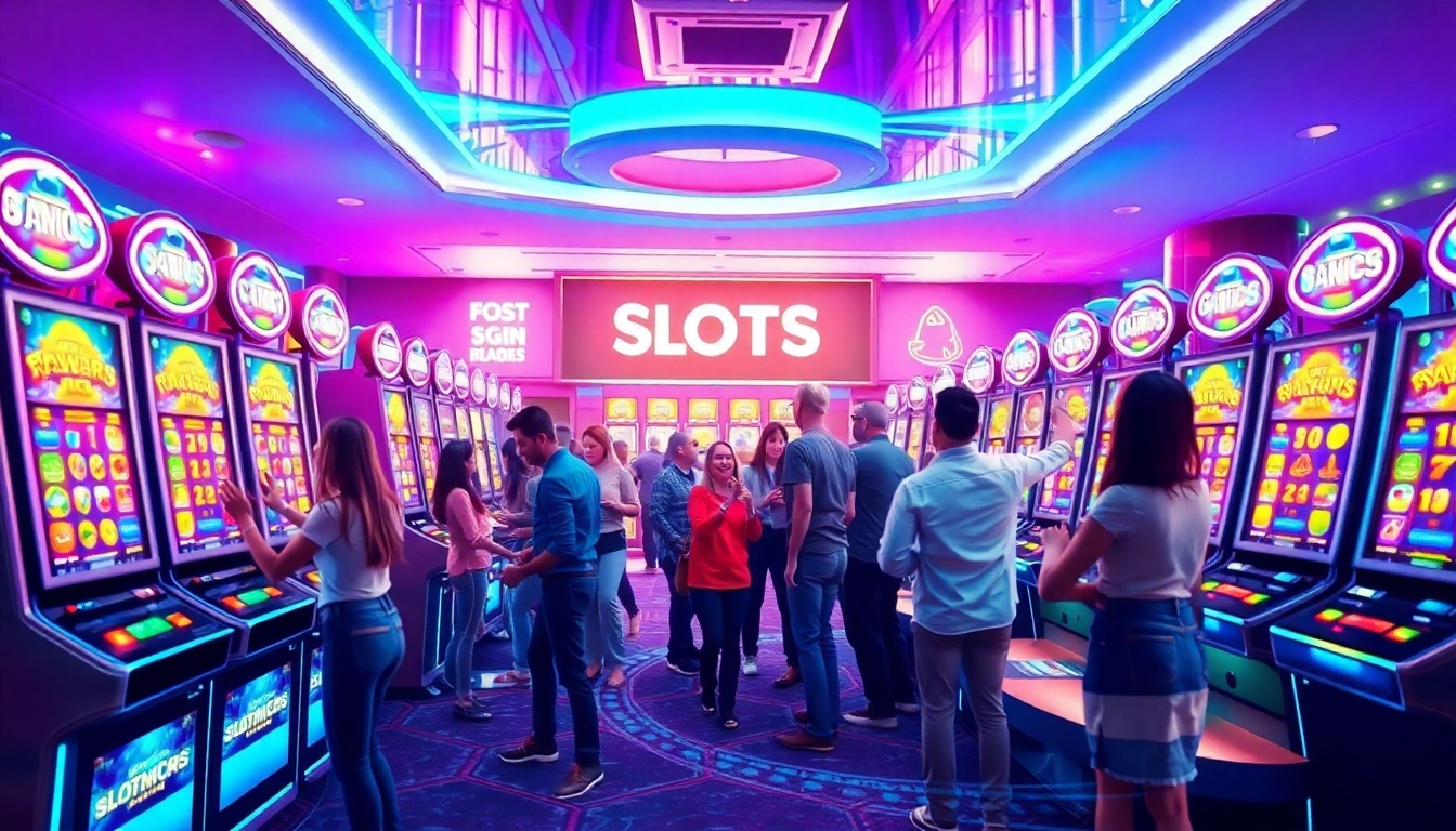 Explore the vibrant world of Slot gacor with joyful players celebrating wins in a modern casino setting.